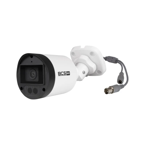 A sleek, white bullet security camera with a black front panel and lens, featuring a sturdy mounting bracket. The camera includes a cable with connectors for easy installation and connectivity.