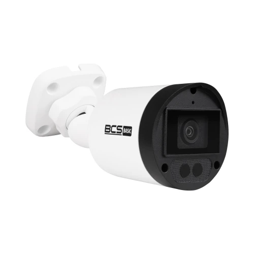 A white bullet security camera with a black front panel and lens, featuring the BCS Basic logo on the side. The camera is designed for outdoor use, with a sturdy mounting bracket for easy installation.
