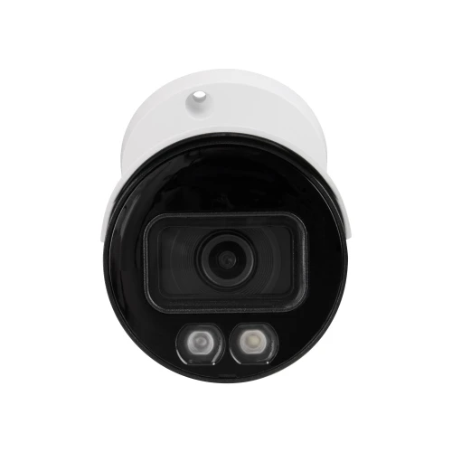 A sleek, white bullet security camera with a black front panel featuring a prominent lens and two LED lights. The camera is designed for outdoor surveillance, offering a modern and compact appearance.