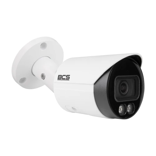 A sleek, white bullet security camera with a black faceplate and dual LED lights is mounted on a round base. The camera features the BCS logo on its side, indicating its brand.