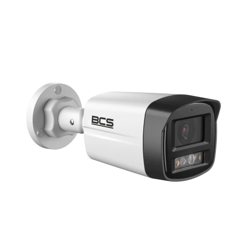 A sleek, white bullet security camera with a black front panel and the BCS logo prominently displayed. It features a sturdy mounting bracket and multiple lenses for enhanced surveillance capabilities.