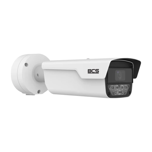 A sleek, white bullet security camera with a sturdy mounting bracket and a protective hood. The camera features infrared LEDs for night vision and the BCS logo on the side.