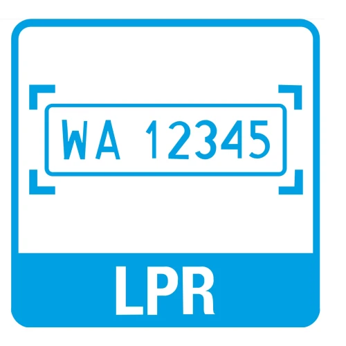 The image features a blue and white icon representing a license plate recognition (LPR) system, with a stylized license plate displaying "WA 12345" in the center. The letters "LPR" are prominently displayed at the bottom of the icon.