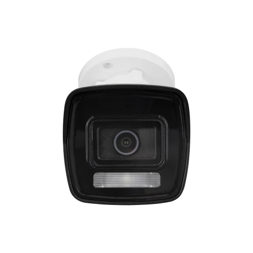A sleek, black and white bullet security camera with a square lens and LED light panel. The camera is designed for ceiling or wall mounting, offering a modern and compact surveillance solution.