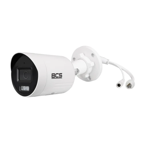 A white bullet security camera with a sleek design, featuring a prominent lens and an LED light on the front. The camera is equipped with a mounting bracket and connection cables for easy installation.