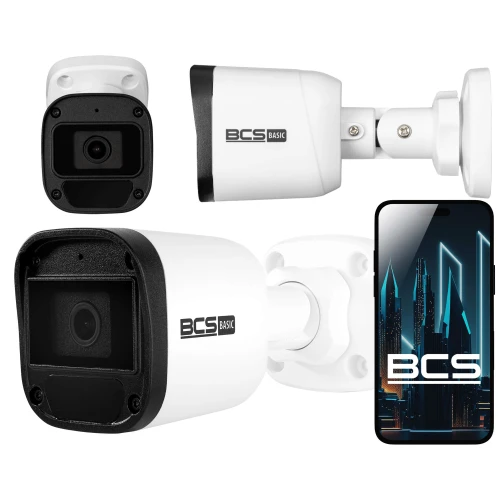 The image features a white BCS Basic IP bullet camera with a sleek, modern design, suitable for outdoor surveillance. It is shown alongside a smartphone displaying the BCS interface, highlighting its connectivity features.