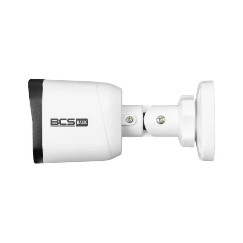 Side view of a white BCS Basic bullet IP camera with a black front and adjustable mounting bracket. The camera features a sleek, compact design suitable for outdoor surveillance.