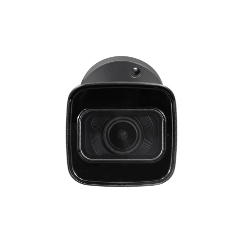 The image shows a sleek, black IP bullet camera with a prominent lens and a compact design. It features a modern, square-shaped front with a subtle, integrated mounting bracket.