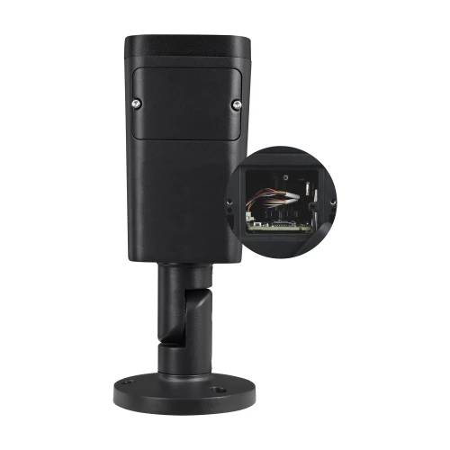 A black, cylindrical IP bullet camera with a sturdy mounting base is shown, featuring a close-up of its internal wiring. The camera is designed for outdoor surveillance, offering durability and reliable performance.