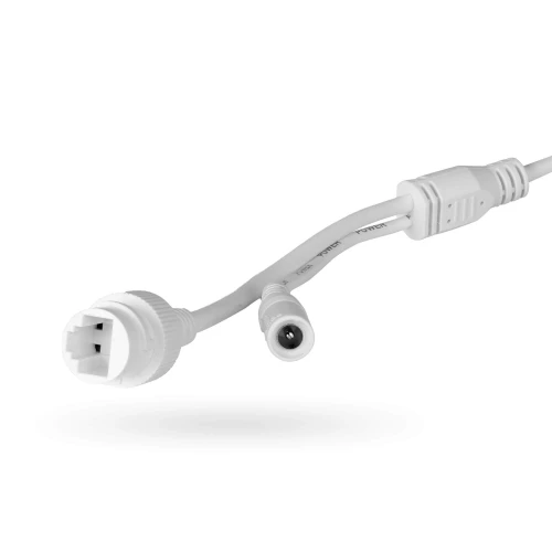 The image shows a white IP camera cable with a durable, weather-resistant design, featuring a network connector and a power input. The connectors are designed for secure and reliable connections in surveillance systems.