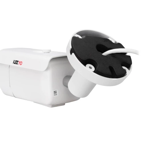 A white, rectangular IP bullet camera with a sturdy mounting bracket and visible cable connection. The camera features a sleek design with a protective cover and a QR code on the side.