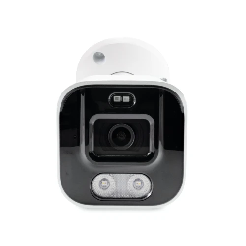A sleek, white bullet IP camera with a black front panel featuring a central lens and two LED lights below it. The camera is designed for outdoor surveillance, offering a modern and compact appearance.