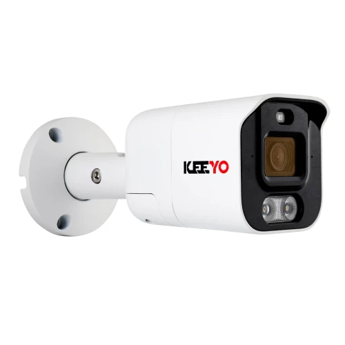 A white, bullet-style IP camera with a sleek design features a prominent lens and two infrared LEDs for night vision. The camera is mounted on a sturdy, adjustable bracket for easy installation on walls or ceilings.