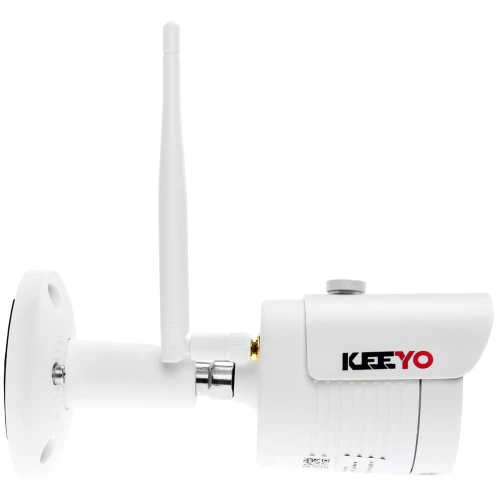 A white, cylindrical IP network camera with a prominent antenna is mounted on an adjustable bracket. The camera features the brand logo on its side and is designed for outdoor surveillance.