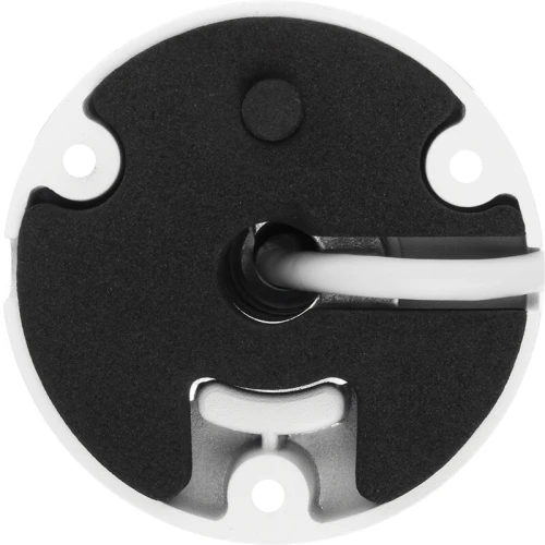 The image shows the back view of a white cylindrical IP network bullet camera with a black mounting base. The camera features a central cable entry point for secure installation.