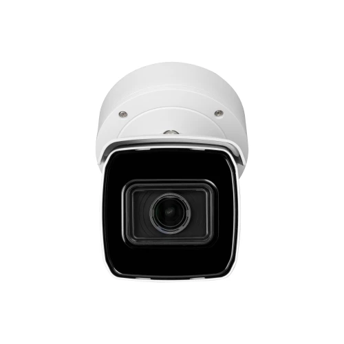 A white, bullet-style security camera with a sleek, modern design is shown from the front, highlighting its lens and sturdy casing. The camera is designed for outdoor surveillance, featuring a durable build suitable for various weather conditions.