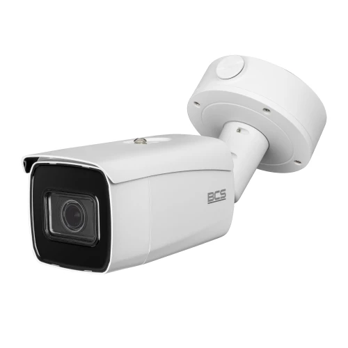 A sleek, white bullet security camera with a sturdy mounting bracket designed for outdoor surveillance. The camera features a modern design with a prominent lens and the BCS logo on the side.