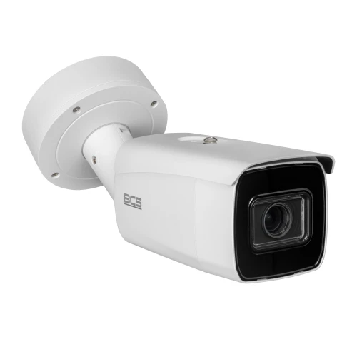 A sleek, white bullet security camera with a sturdy mounting bracket and a prominent lens. The camera features a modern design with the BCS logo on the side, suitable for outdoor surveillance.