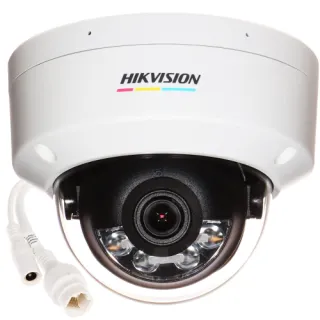 A white, dome-shaped, vandal-resistant IP camera with a black lens and multiple LED lights for enhanced night vision. The camera features a durable design suitable for outdoor surveillance, with visible connection cables for easy installation.