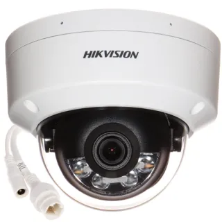 A white, dome-shaped, vandal-proof IP camera with a black lens and multiple LED lights for enhanced night vision. The camera features a durable design suitable for outdoor surveillance, with visible connection cables for power and data transfer.