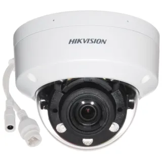 A white, dome-shaped Hikvision security camera with a prominent lens and multiple LED lights for enhanced visibility. The camera features a durable, vandal-resistant design and includes connection cables for easy installation.