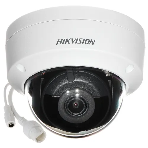 The image shows a Hikvision vandal-proof IP camera with a dome design, featuring a 2.8mm lens and 6MP resolution. The camera is equipped with durable housing and connection cables for secure installation.