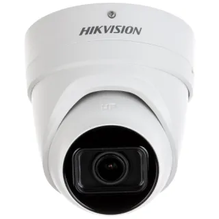 A white, vandal-resistant IP camera with a sleek dome design and motorized zoom lens. The camera features advanced technology for enhanced security and surveillance.