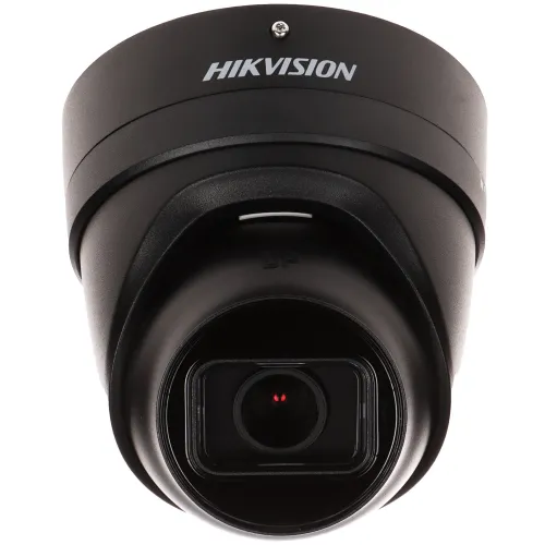 A black, vandal-resistant IP camera with a dome design, featuring a motorized zoom lens for versatile surveillance. The camera is equipped with advanced technology for enhanced security and clear image capture.
