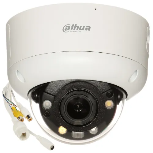 A white, dome-shaped, vandal-resistant IP camera with a prominent lens and multiple connectors is shown. The camera features advanced technology for enhanced security and surveillance.