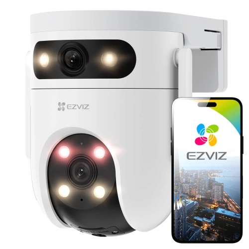A white, dual-lens Wi-Fi security camera with night vision capabilities is shown alongside a smartphone displaying the EZVIZ app interface. The camera features LED lights and a sleek, modern design suitable for outdoor surveillance.