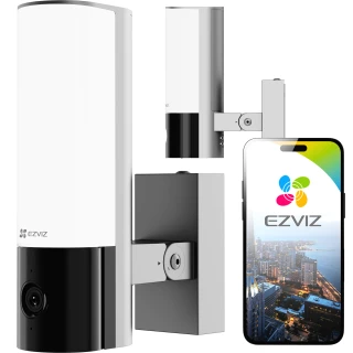 The image shows a sleek, modern EZVIZ Wi-Fi camera with a built-in lamp, featuring a cylindrical design in white and black. The camera is displayed alongside a smartphone screen showing the EZVIZ app interface.
