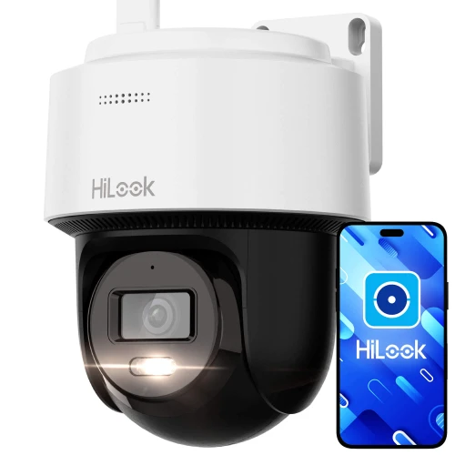 Outdoor Wi-Fi security camera with a sleek black and white design, featuring a rotating lens and LED light. The image also shows a smartphone displaying the camera's app interface.