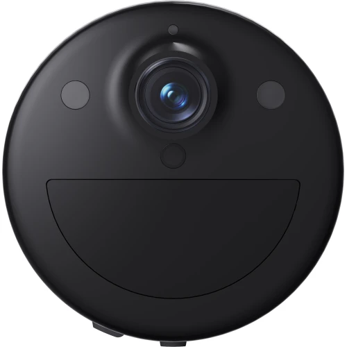 A sleek, black Wi-Fi camera with a circular design and prominent lens is shown. The camera features a minimalist appearance with a smooth surface and integrated power supply.