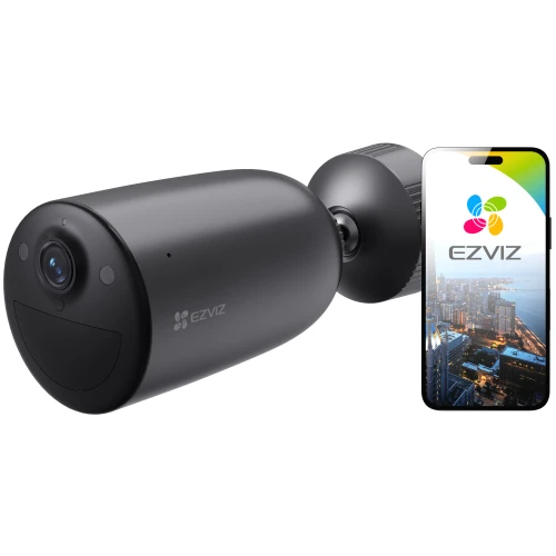 A sleek black Wi-Fi camera with its own power supply is shown alongside a smartphone displaying the EZVIZ app interface. The camera features a modern, cylindrical design, ideal for discreet surveillance.
