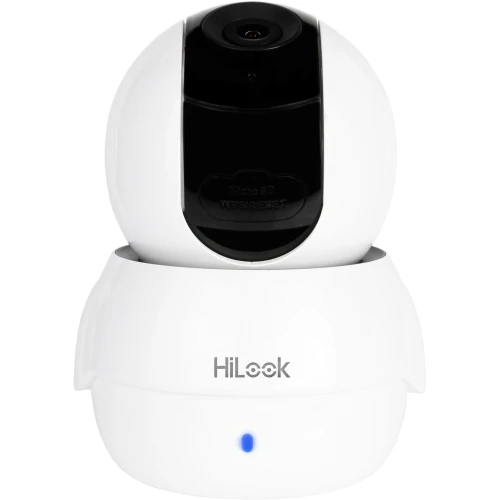 A sleek, white HiLook WiFi IP camera with a spherical design and a black lens area is shown. The camera features a blue indicator light on the front, highlighting its modern and compact appearance.