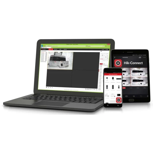 A laptop and two smartphones display the interface of a Hik-Connect security camera system. The screens show live camera feeds and control options for managing surveillance settings.