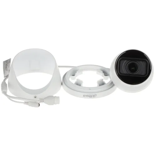 The image shows a disassembled security camera with a spherical lens module and a separate mounting ring. The components are laid out on a white background, highlighting the camera's sleek design and connection cables.
