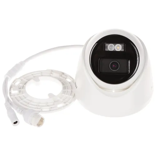 A white security camera with a black lens area is shown alongside a detached mounting ring and connecting cable. The camera features two LED lights above the lens for enhanced visibility.