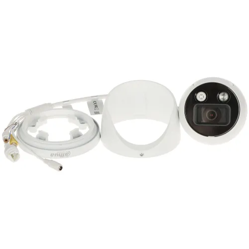 A disassembled security camera system featuring a dome camera, mounting bracket, and connecting cables is displayed. The camera has a sleek, white design with dual lenses and LED lights for enhanced surveillance capabilities.