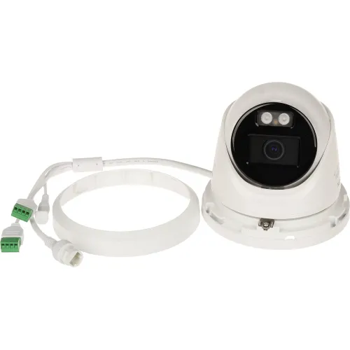 A white dome security camera is shown disassembled with its clamping ring and connection cables visible. The camera features a lens and two LED lights, designed for surveillance purposes.