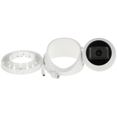 The image shows a disassembled security camera with its main lens unit separated from the mounting ring and cover. The components are white, with visible connectors for installation.