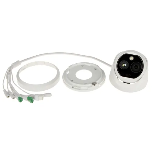 A white security camera is disassembled, showing its main components including the camera unit, mounting base, and connecting cables. The image highlights the camera's sleek design and the various parts needed for installation.