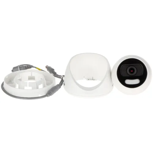 The image shows a disassembled security camera with a spherical lens module, a mounting bracket, and a connecting cable. The components are arranged side by side, highlighting the camera's compact design and installation parts.