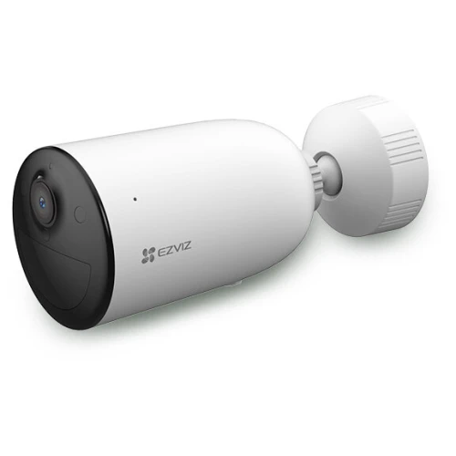 A sleek, white security camera with a cylindrical design and a black front panel, featuring a lens and LED indicator. The camera is mounted on an adjustable bracket for versatile positioning.
