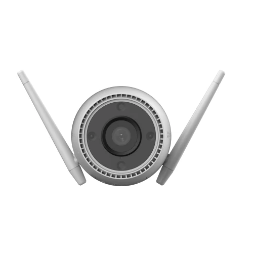 Outdoor security camera with a sleek, circular design featuring dual antennas for enhanced connectivity. The camera lens is centrally positioned, surrounded by a protective casing for durability.