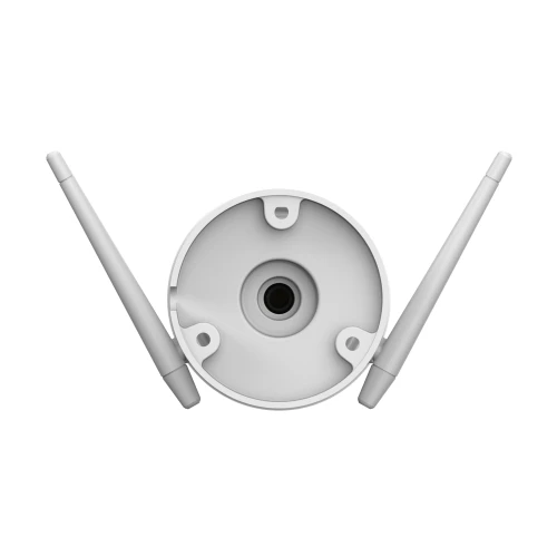 The image shows a white, circular outdoor security camera with two adjustable antennas on either side. The camera has a central lens and a sleek, modern design suitable for external surveillance.