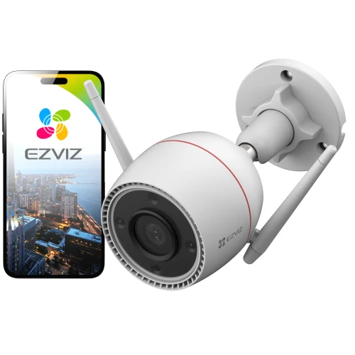 Outdoor security camera with a sleek white design, featuring dual antennas for enhanced connectivity. The image also shows a smartphone displaying the EZVIZ app interface, highlighting the camera's compatibility with mobile devices.