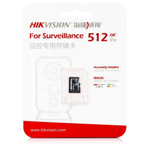 The image shows a Hikvision microSD card with a storage capacity of 512GB, designed specifically for surveillance use. The packaging highlights its V30 speed class, ensuring high performance for video recording.