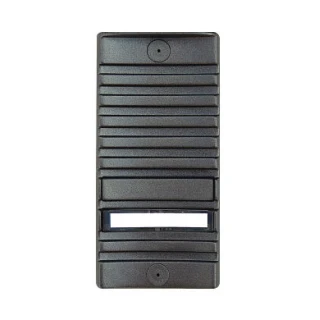 The image shows a sleek, black surface-mounted intercom panel with a minimalist design and horizontal grooves. It features a single button and a nameplate area for easy identification.
