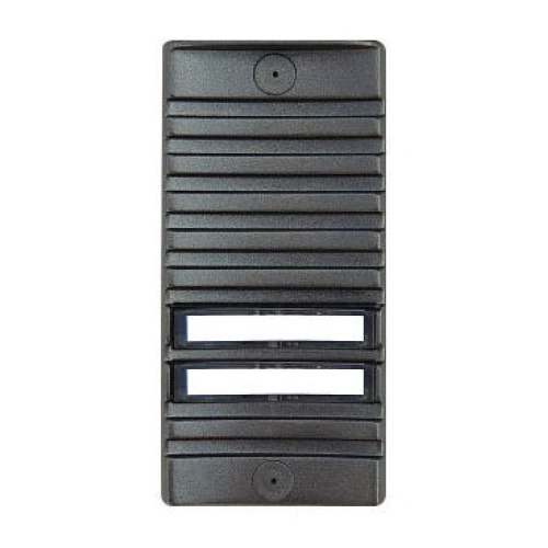 The image shows a sleek, black surface-mounted intercom panel with a modern, ribbed design. It features two rectangular nameplate slots for easy identification.